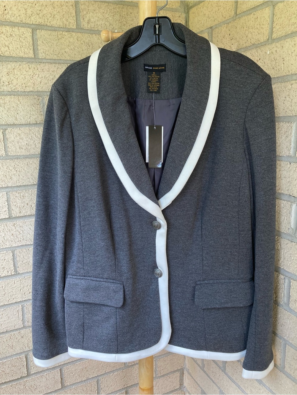 NEW Grace Dane Lewis Gray Crest Button Front Blazer Cardigan Preppy Academia